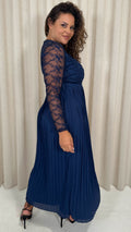 CurveWow Lace Top Pleated Maxi Dress Navy