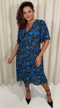 CurveWow Angel Sleeve Flounce Tie Front Midi Dress Blue Floral