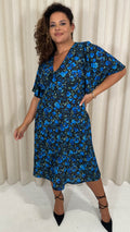 CurveWow Angel Sleeve Flounce Tie Front Midi Dress Blue Floral