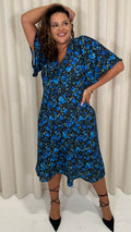 CurveWow Angel Sleeve Flounce Tie Front Midi Dress Blue Floral