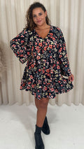 CurveWow Lace Insert V Neck Smock Dress Black Floral