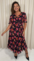 CurveWow Mesh Angel Sleeve Dress Black Pink Floral