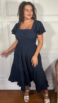 CurveWow Square Neck Seersucker Dress Navy