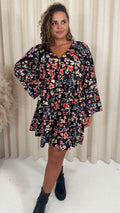 CurveWow Lace Insert V Neck Smock Dress Black Floral