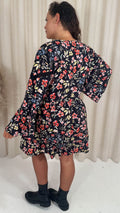 CurveWow Lace Insert V Neck Smock Dress Black Floral