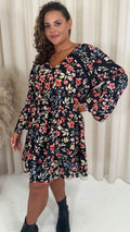 CurveWow Lace Insert V Neck Smock Dress Black Floral