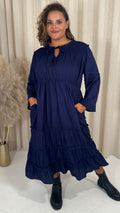 CurveWow Tie Front Tiered Maxi Dress Navy