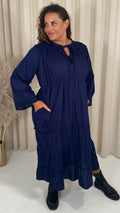 CurveWow Tie Front Tiered Maxi Dress Navy