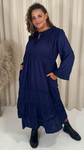 CurveWow Tie Front Tiered Maxi Dress Navy