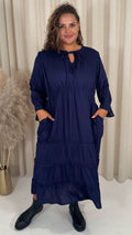 CurveWow Tie Front Tiered Maxi Dress Navy