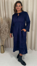 CurveWow Tie Front Tiered Maxi Dress Navy