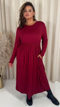 CurveWow Long Sleeve Jersey Pocket Midi Dress Wine