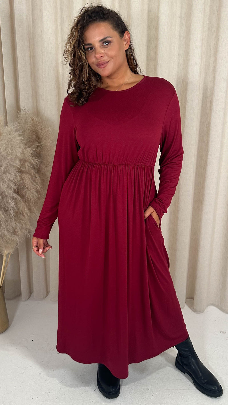 CurveWow Long Sleeve Jersey Pocket Midi Dress Wine