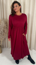 CurveWow Long Sleeve Jersey Pocket Midi Dress Wine