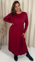 CurveWow Long Sleeve Jersey Pocket Midi Dress Wine