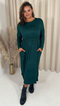 CurveWow Long Sleeve Jersey Pocket Midi Dress Forest Green