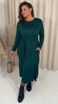 CurveWow Long Sleeve Jersey Pocket Midi Dress Forest Green