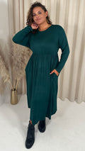 CurveWow Long Sleeve Jersey Pocket Midi Dress Forest Green