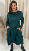 CurveWow Long Sleeve Jersey Pocket Midi Dress Forest Green