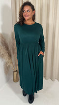 CurveWow Long Sleeve Jersey Pocket Midi Dress Forest Green