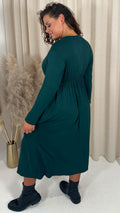 CurveWow Long Sleeve Jersey Pocket Midi Dress Forest Green