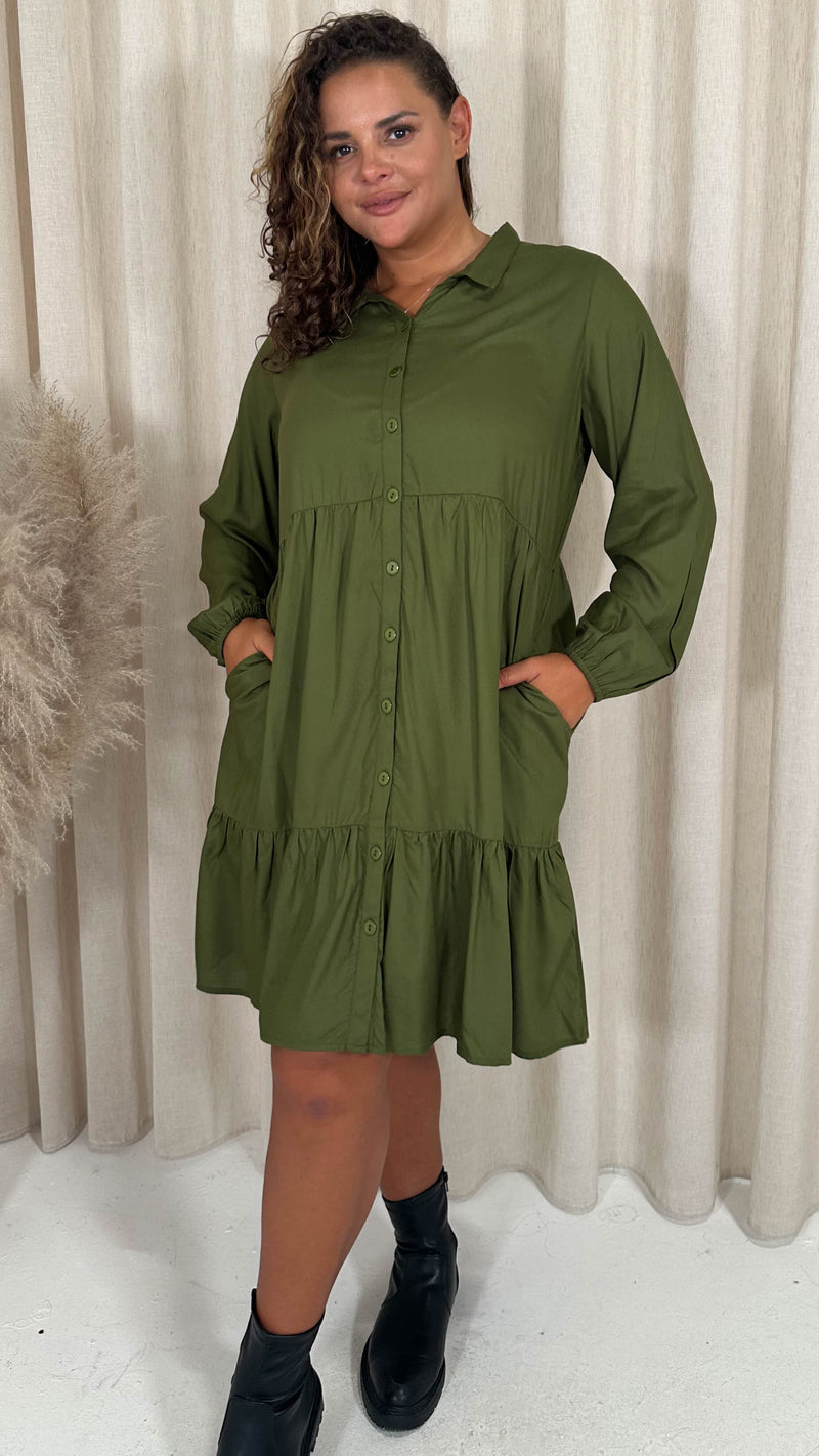 CurveWow Tiered Cargo Shirt Dress Khaki