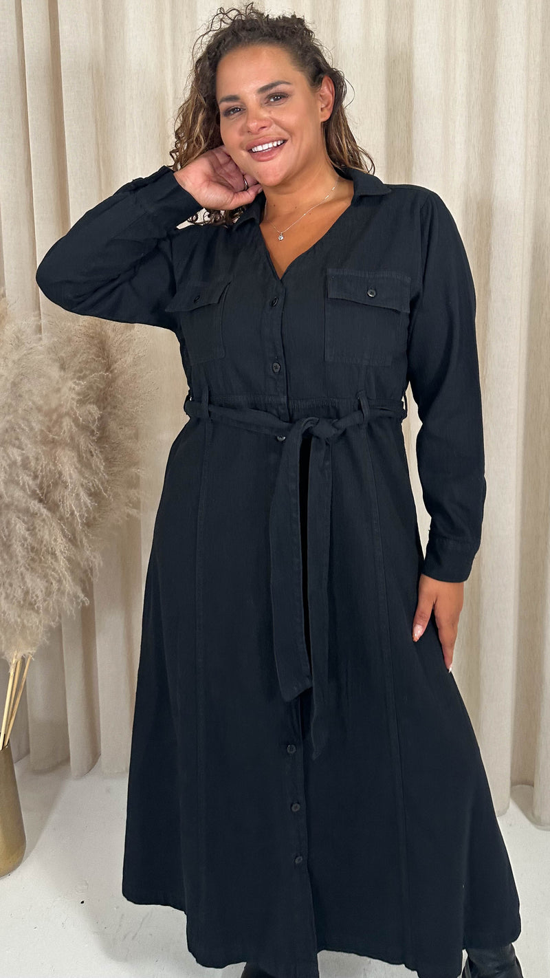 CurveWow Denim Belted Midaxi Shirt Dress Black Wash