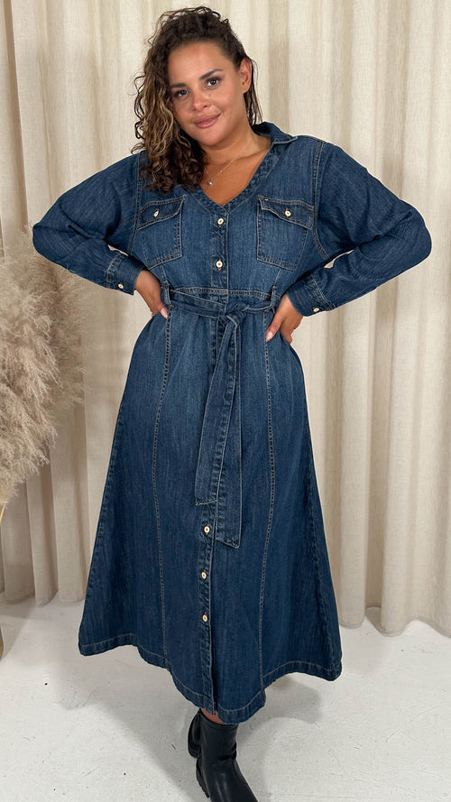 CurveWow Denim Belted Midaxi Shirt Dress Indigo Blue