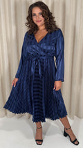 CurveWow Long Sleeve Pleated Wrap Dress Navy Stripe