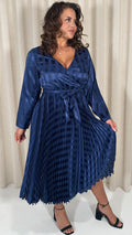 CurveWow Long Sleeve Pleated Wrap Dress Navy Stripe