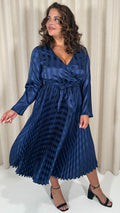 CurveWow Long Sleeve Pleated Wrap Dress Navy Stripe