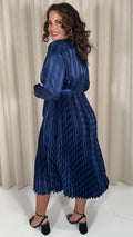 CurveWow Long Sleeve Pleated Wrap Dress Navy Stripe