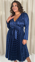 CurveWow Long Sleeve Pleated Wrap Dress Navy Stripe