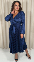 CurveWow Long Sleeve Pleated Wrap Dress Navy Stripe