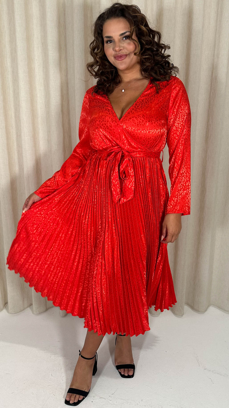 CurveWow Long Sleeve Pleated Wrap Dress Red Animal