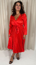 CurveWow Long Sleeve Pleated Wrap Dress Red Animal