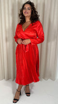 CurveWow Long Sleeve Pleated Wrap Dress Red Animal