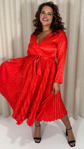 CurveWow Long Sleeve Pleated Wrap Dress Red Animal