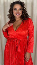 CurveWow Long Sleeve Pleated Wrap Dress Red Animal