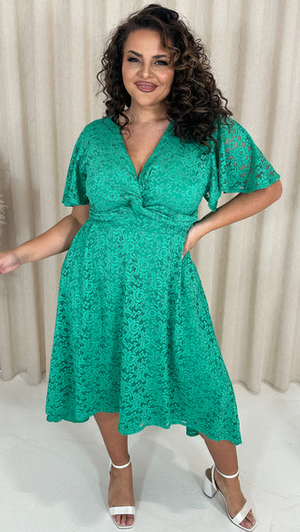 CurveWow Lace Dipped Hem Knot Front Dress Green Curvewow