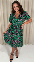 CurveWow Puff Sleeve Wrap Midi Dress Green Animal