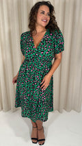 CurveWow Puff Sleeve Wrap Midi Dress Green Animal