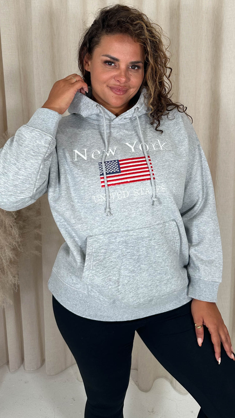 CurveWow Embroidered Flag Slogan Hoodie Grey