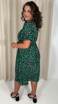 CurveWow Puff Sleeve Wrap Midi Dress Green Animal