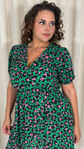 CurveWow Puff Sleeve Wrap Midi Dress Green Animal