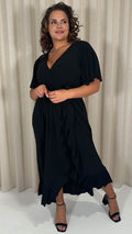 CurveWow Slinky Frill Wrap Dress Black