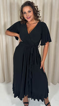 CurveWow Slinky Frill Wrap Dress Black