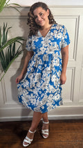 CurveWow Printed V Neck Smock Dress Blue Floral