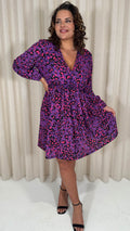 CurveWow Long Sleeve Wrap Mini Dress Purple Animal