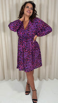 CurveWow Long Sleeve Wrap Mini Dress Purple Animal